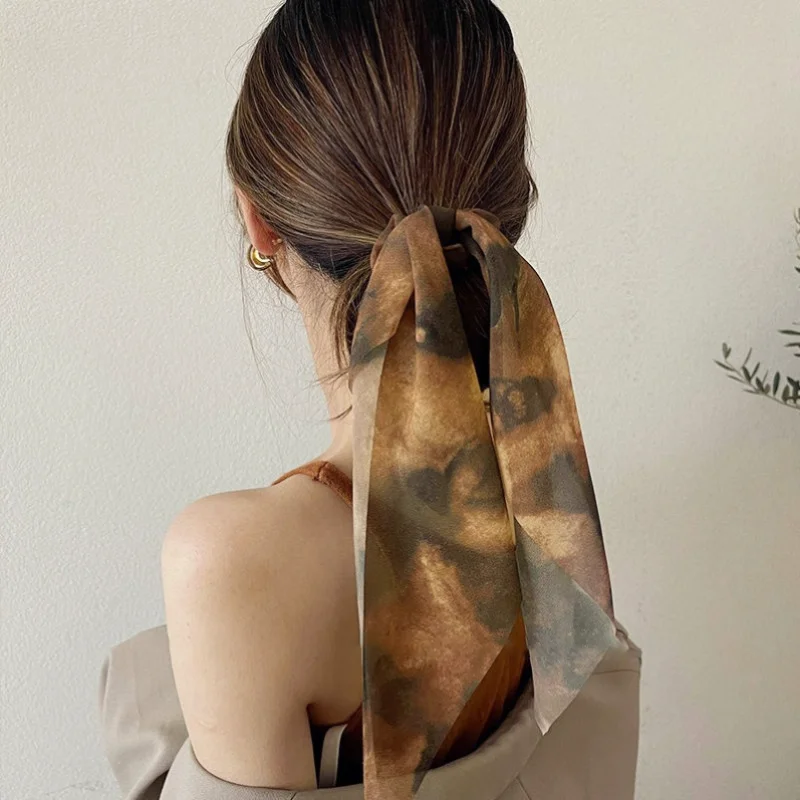 

Fashion Print Bow Satin Long Ribbon Ponytail Scarf Hair Tie Scrunchies Women Girls Elastic Hair Bands Hair Accessories