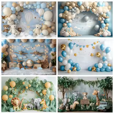 Newborn Baby First Birthday Backdrop Balloons Baby Shower Safari Jungle Animals Cake Smash Party Photographic Background Decor