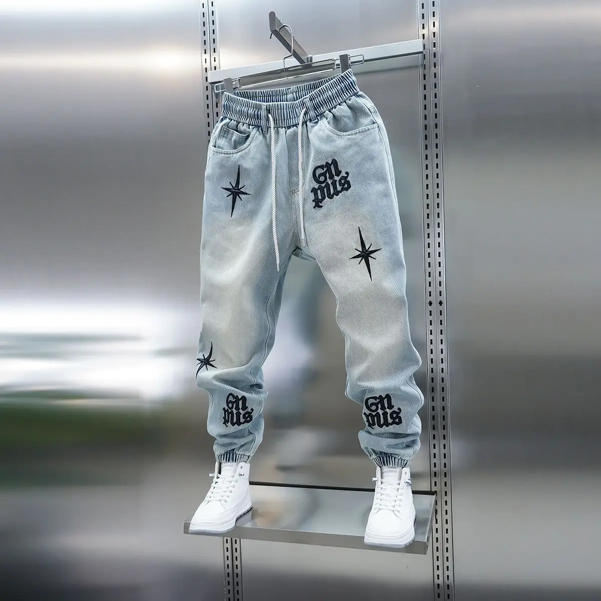 American high-street letter embroidered washed denim jeans fashion loose-fitting jogger harem pants slim-fit casual pants - Image 2