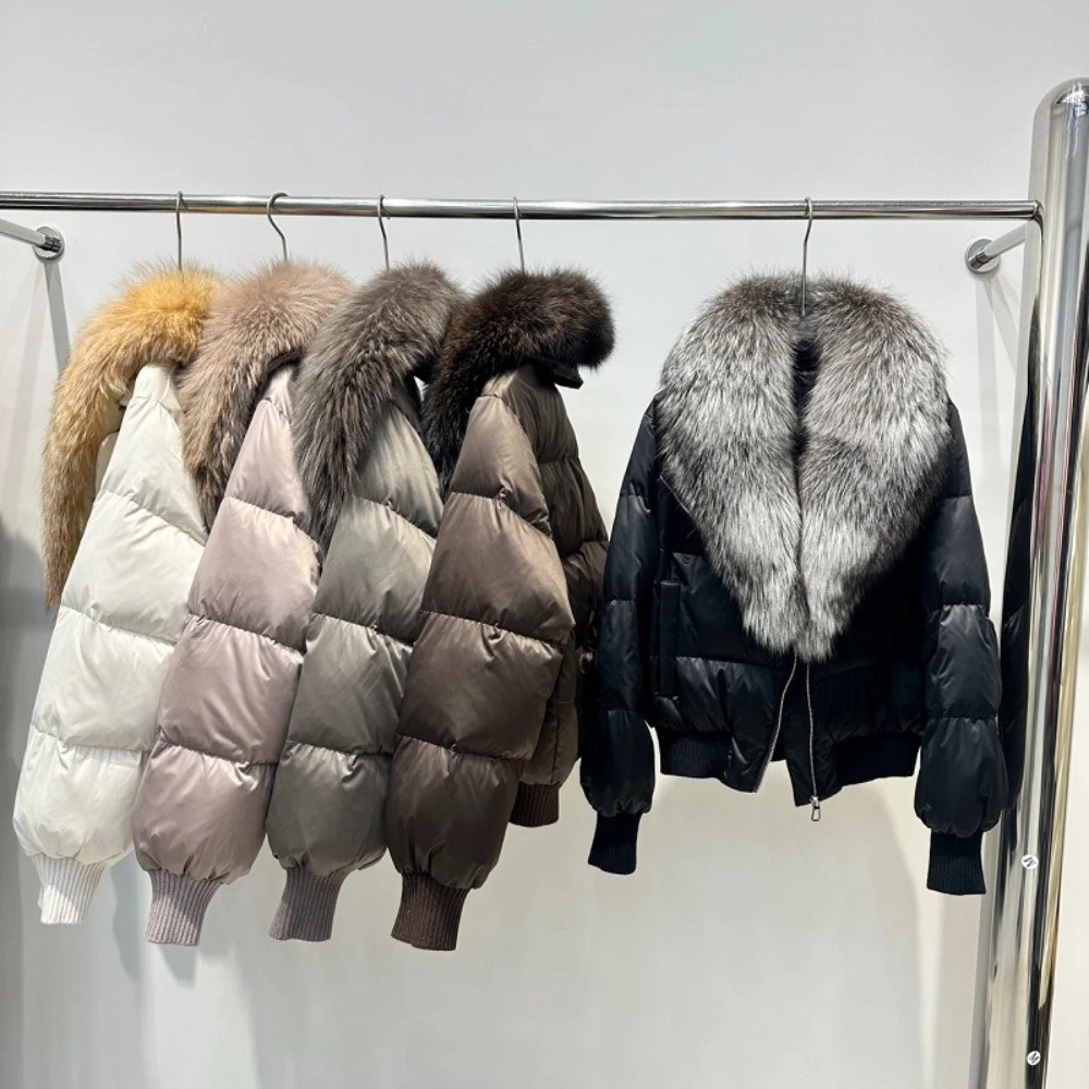 

Новинка 2025 года, зимняя куртка на белом утином пуху с воротником из натурального лисьего меха, женская утолщенная теплая короткая меховая куртка-пуховик, верхняя одежда