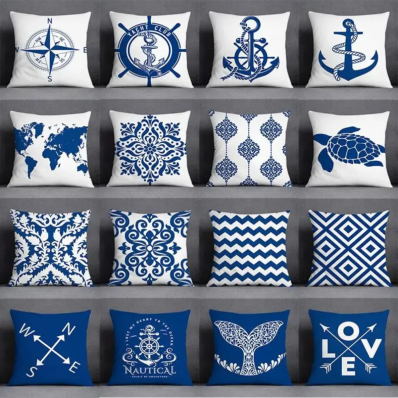 

Home Decor Blue Mermaid Sailor Marines Graphic Print Pillowcase Square Bedroom Living Room Cushion Cover