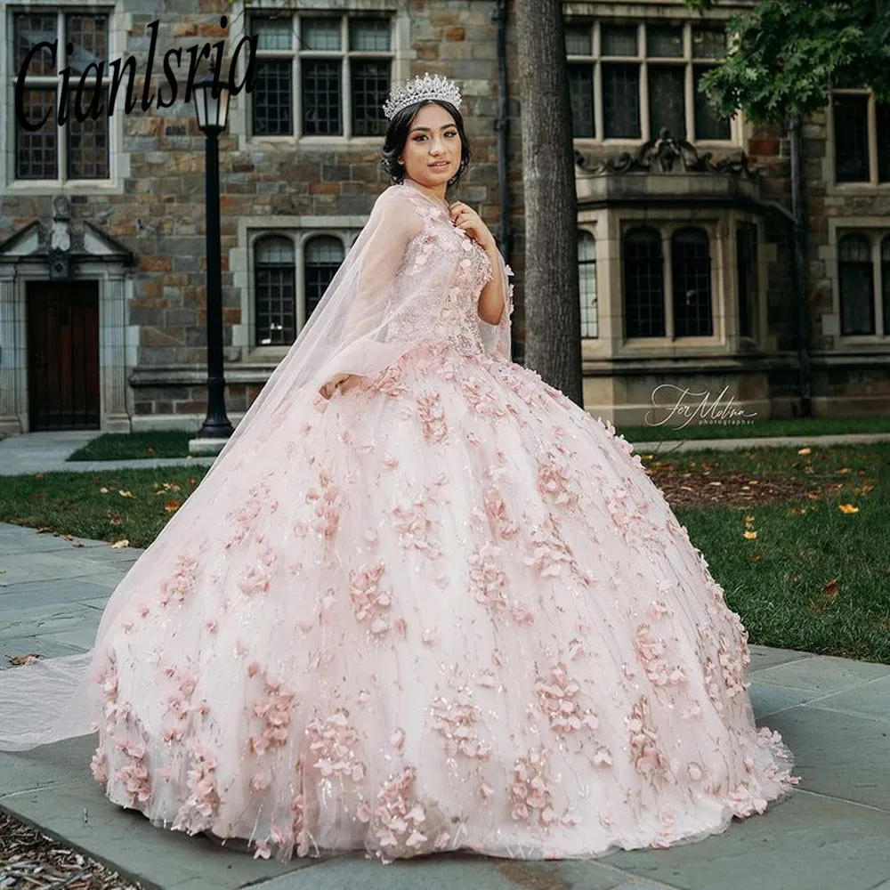 Vestidos rosas para Quinceañera de 16 años, vestido de fiesta con apliques de encaje, con envolturas, Sexy, escote corazón, sin espalda