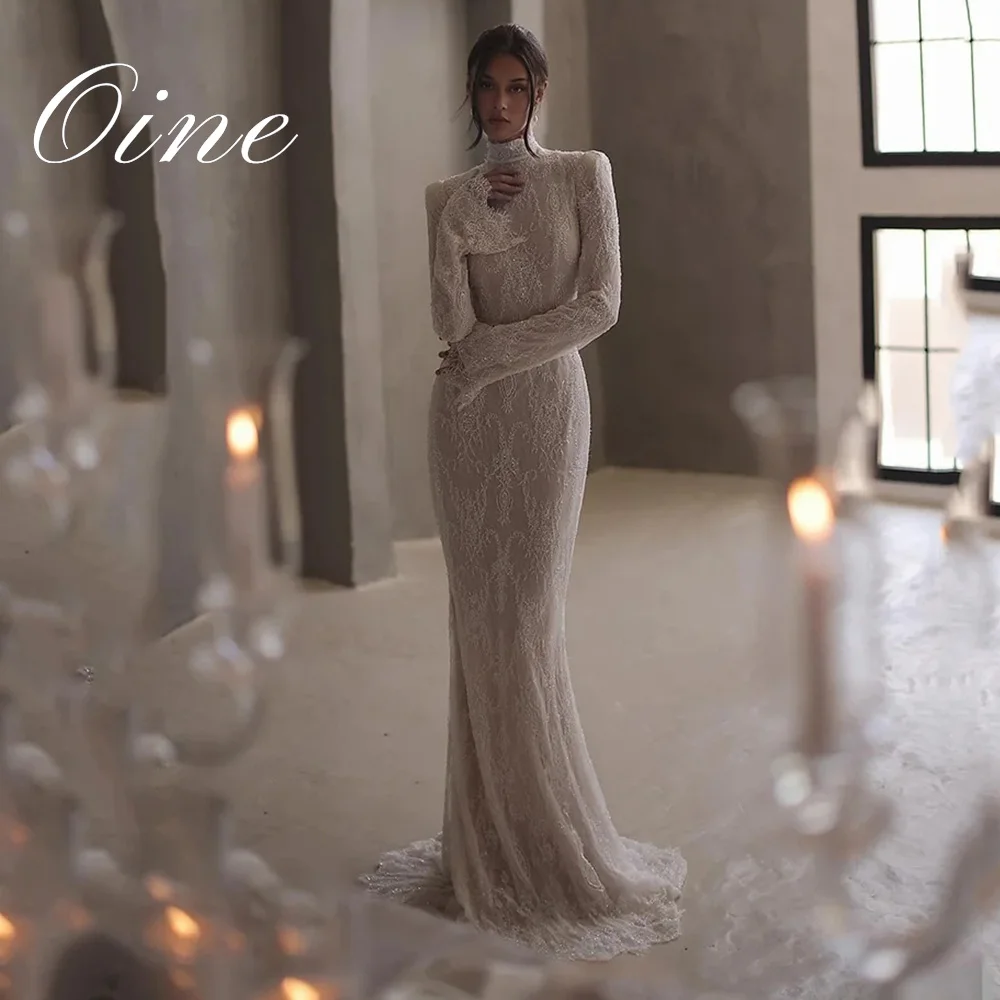 Oine Elegant lvory Lace Wedding Dresses 2026 High Neck Full Sleeves Bridal Gowns Women Sweep Train Bride Dresses Customized