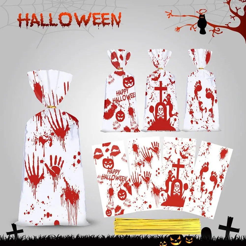 50PCS White&Red Halloween Gift Bag Bloody Fingerprint with Ties Flat Open Top Bag OPP Packaging Candy Cookies Bag Halloween