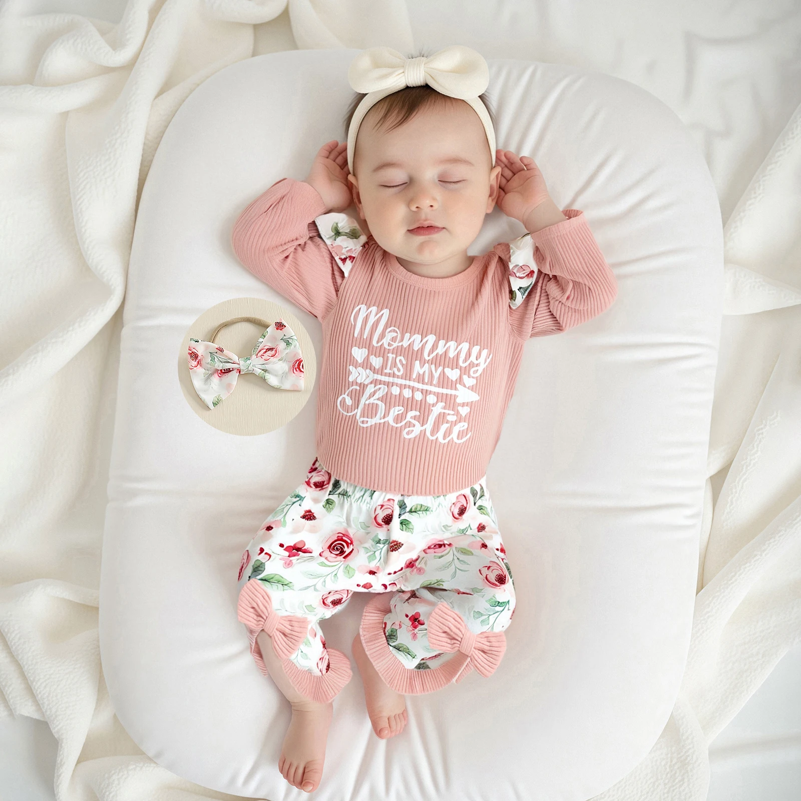 

Baby Clothing Girls 3PCS Outfits Long Sleeve Letter Print Romper Floral Flared Pants Headband Clothes Sets