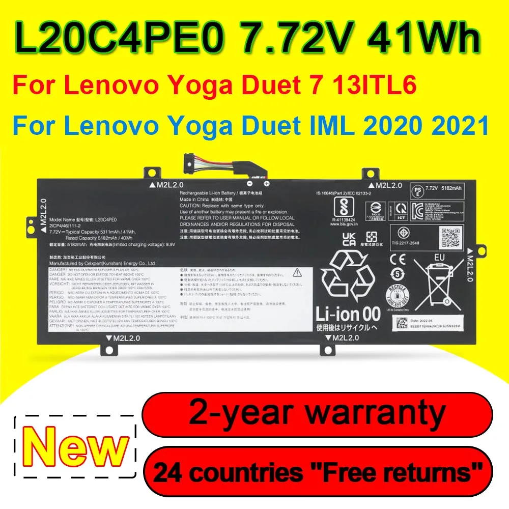 

For Lenovo Yoga Duet 7 13ITL6/IML 2020 2021 Series L20C4PE0 L20M4PE0 L19M4PD8 L19C4PD8 SB11B44629 Laptop Battery 41Wh 7.72V