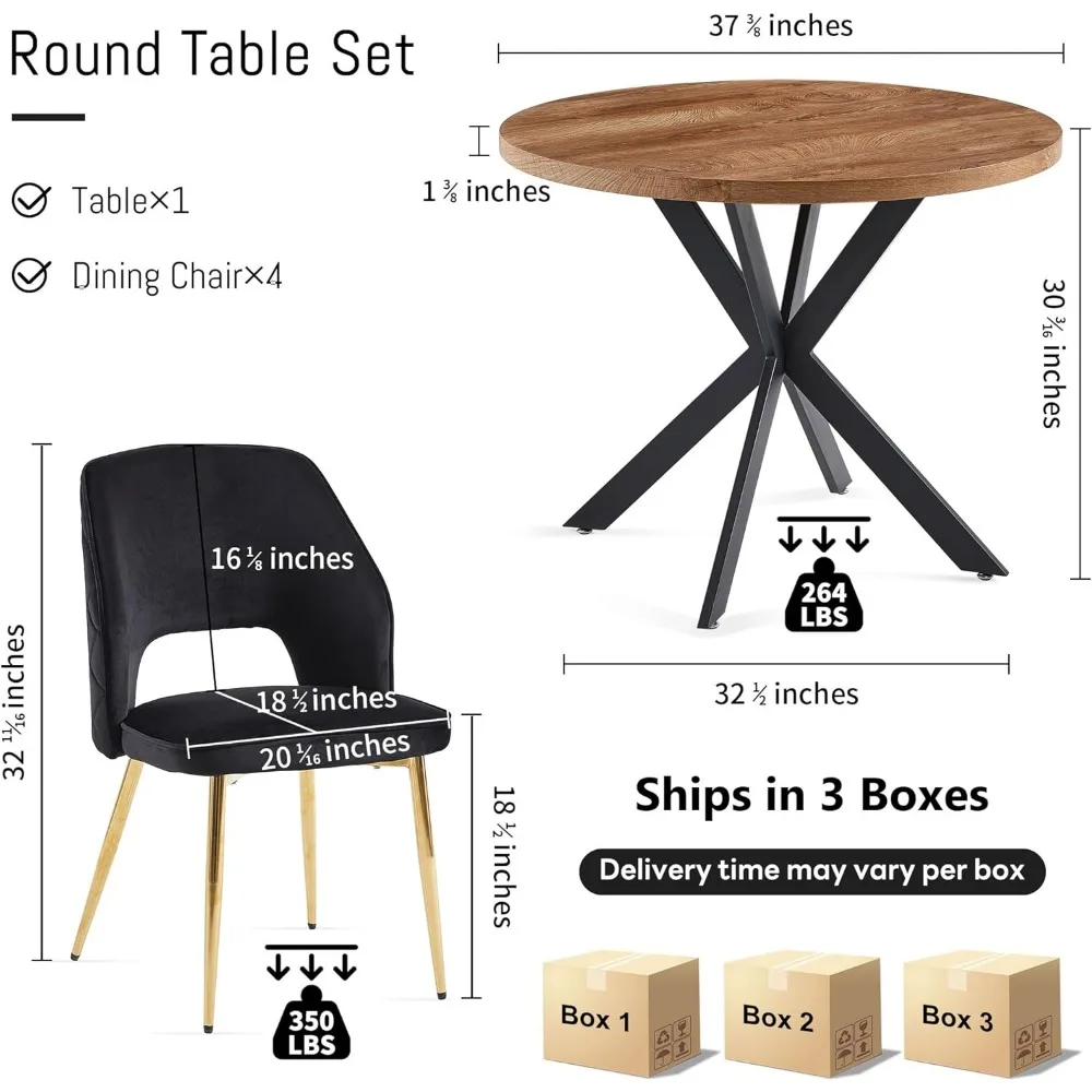 5-Pieces 37-Inch Dining Table Set for 4 - Space Saving Round Table and Chairs with 4 Seaters Velvet Upholstered Chairs