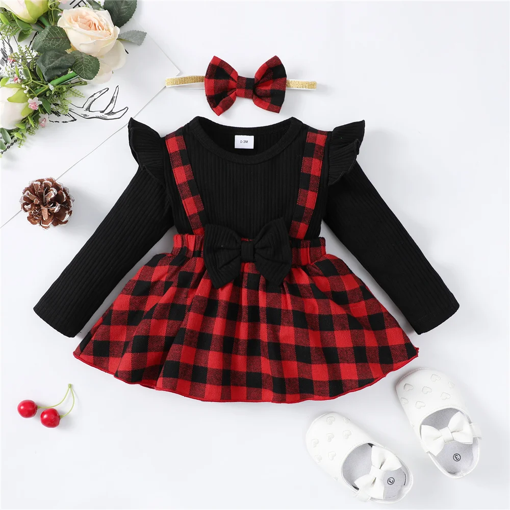 0-18 Months Newborn Baby Girl Christmas Dress Long Sleeve Patchwork Plaid Romper+Headwear Infant Birthday Party Autumn Clothing