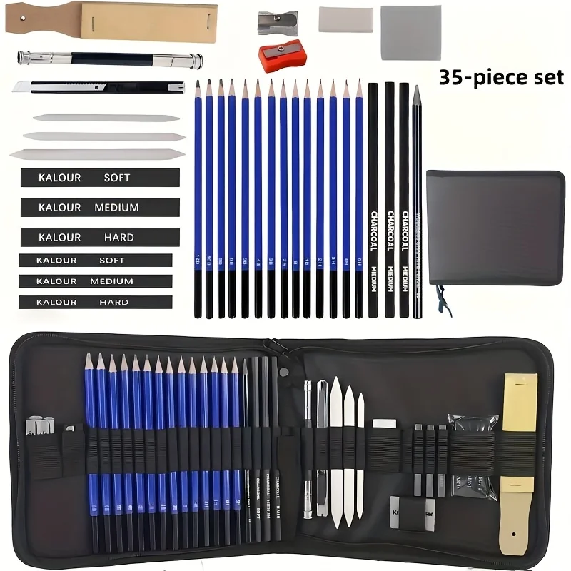 Juego de 35 lápices de dibujo, kit de dibujo profesional con lápices de grafito, carbón y acuarela, suministros de arte para artistas principiantes