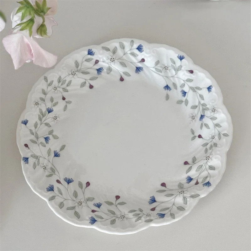 French Muse Blue Flower Branch Printed Ceramic Tableware Dinner Plate Dessert Plates Coffee Cup and Saucer