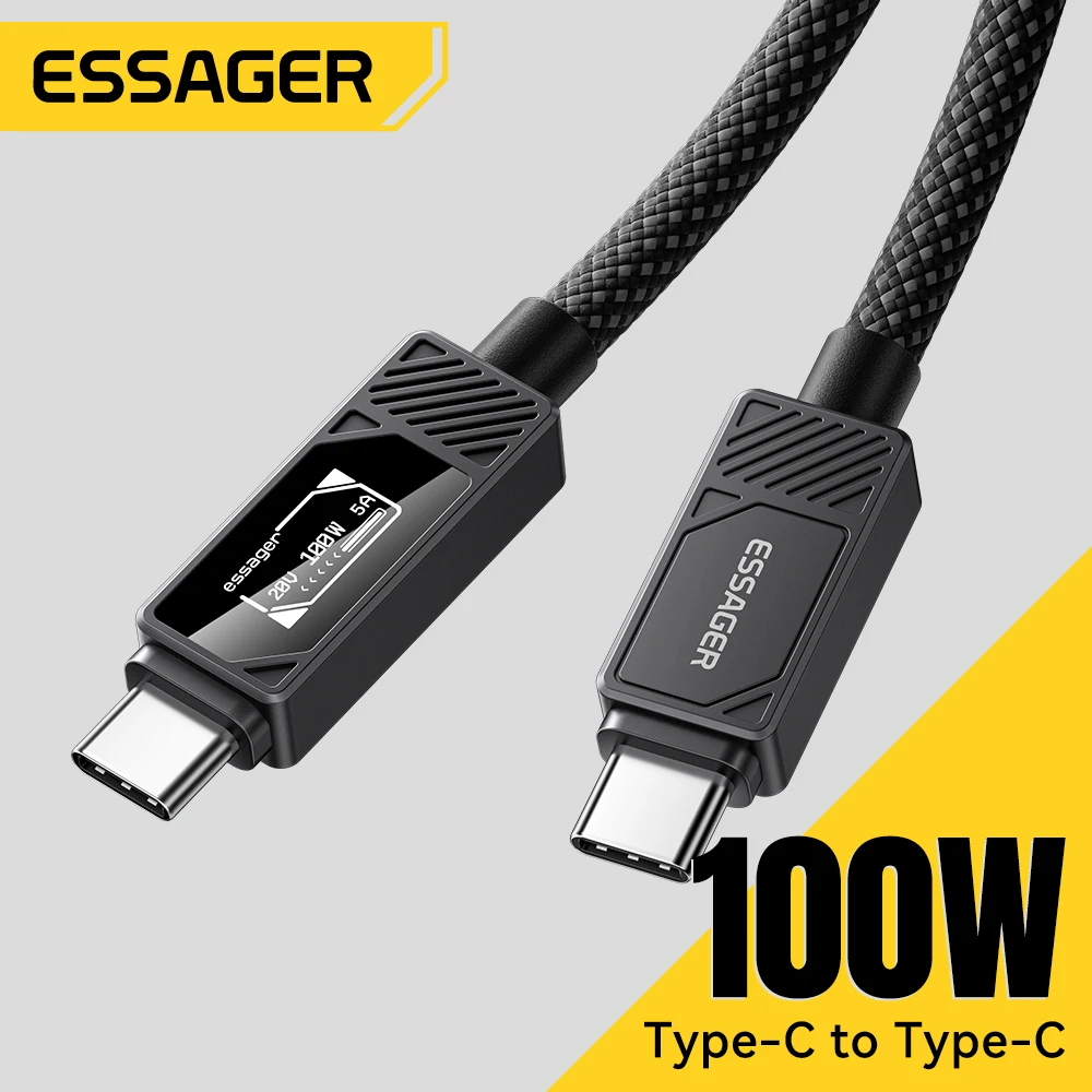 Câble ESSAGER 100W Type C à C avec affichage numérique câble de charge rapide PD pour MacBook Pro/Air iPhone 16/15/14 câble USB C iPad