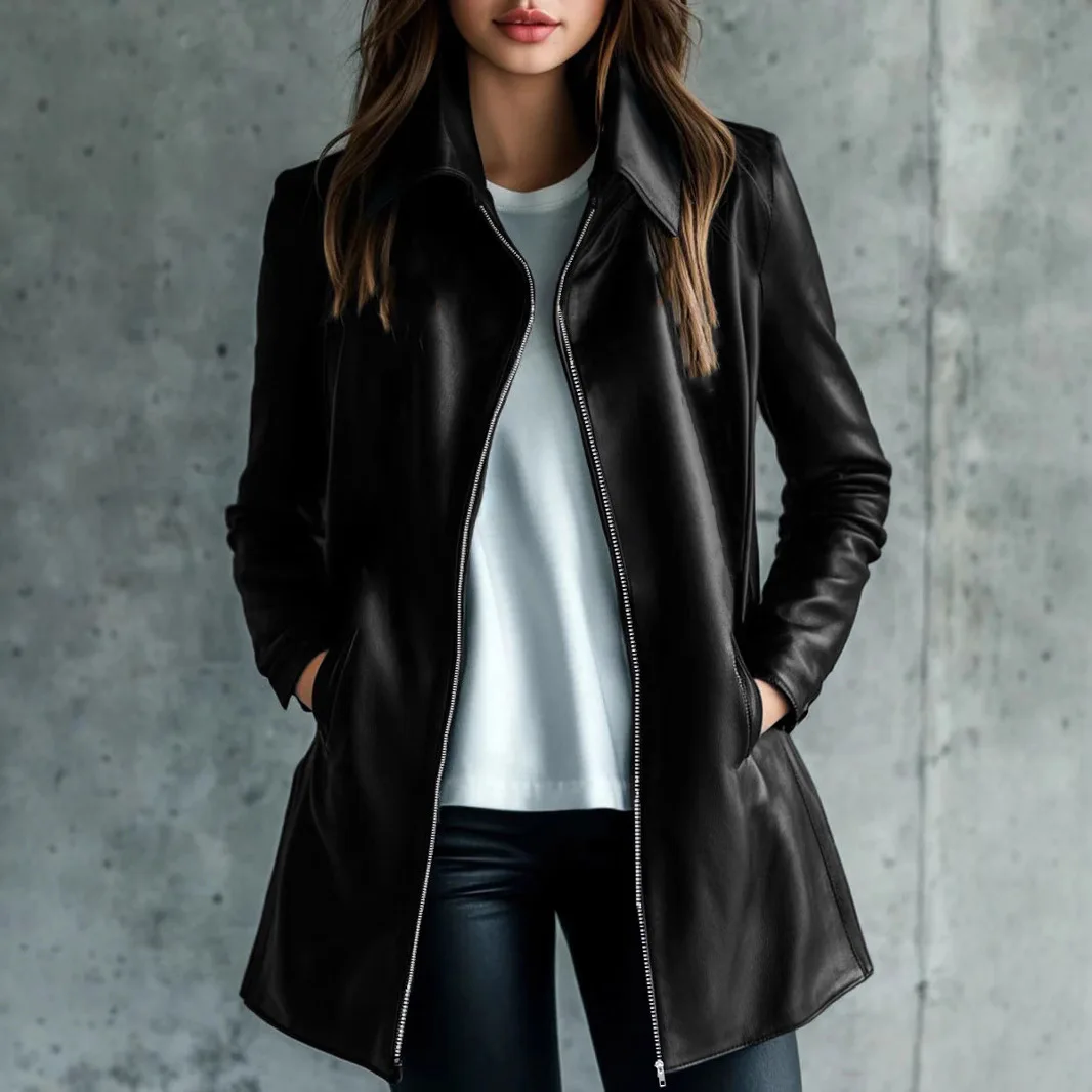 2025 Otoño Invierno nuevas mujeres de longitud media chaqueta de cuero de imitación Oficina señora cremallera elegante Casual abrigo cálido