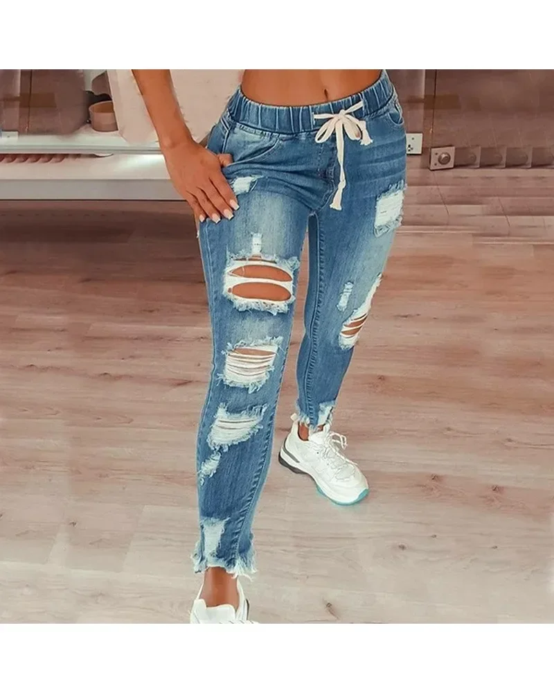 Women Women Drawstring Elastic Waist Skinny Jeans Ripped Distressed Frayed Hem Denim Pants Casual Slim Fit Jogger Denim Trousers - Aliexpress Deal