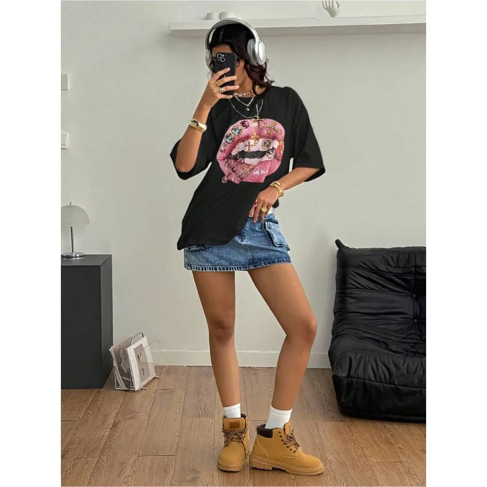Coolane Women's Summer Concert Streetwear Vintage Casual Hippie Old Money Comfortable Lips Graphics White Tees