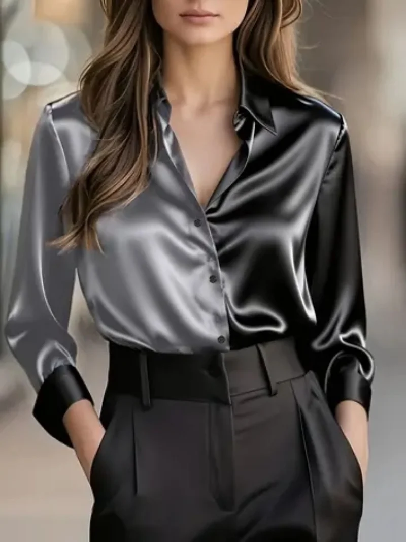 

Elegant Satin Long Sleeve Button Down Shirt for Women Office Casual Wear Top