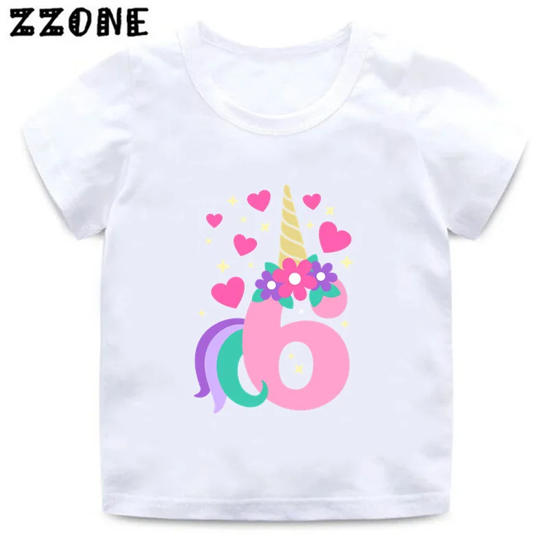 Cute Unicorn Print Girls Clothes 1 2 3 4 5 6 7 8 9 Years Happy Birthday Number Bow Kids Short Sleeve T shirt Baby Boys T-Shirts