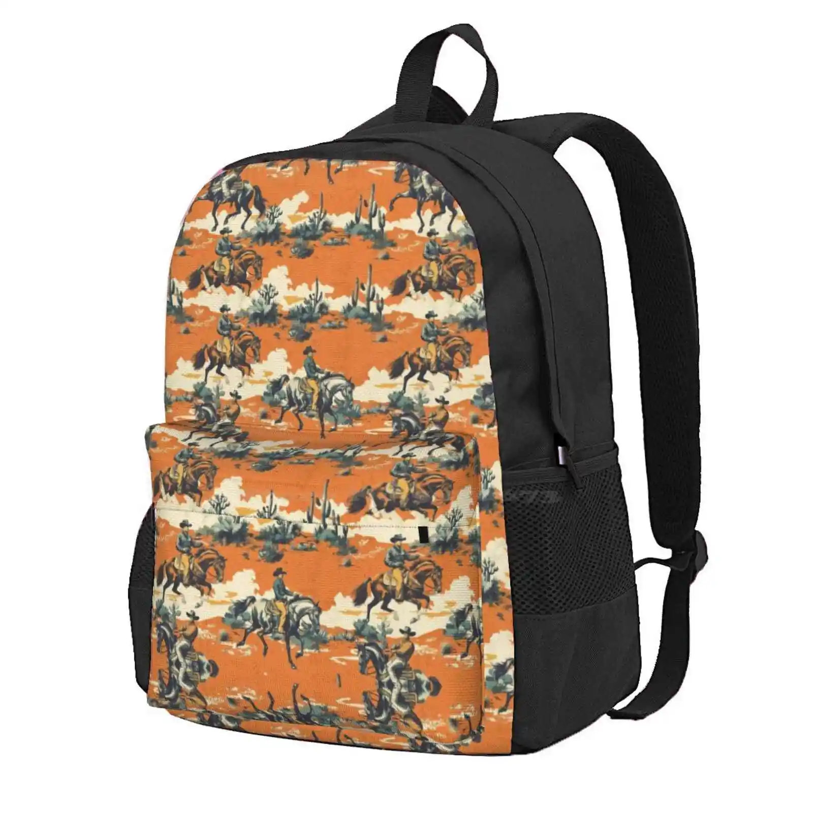 Sunset Trails: Vintage Cowboy Print On Orange Hot Sale Schoolbag Backpack Fashion Bags Cowboy Vintage Western Desert Cactus