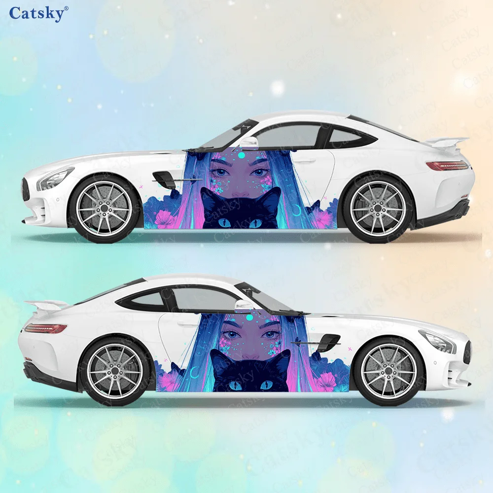 

2pcs Neon Tattoo Cat Woman and Cat Car Side Wraps, Self-Adhesive PVC Waterproof & Scratch-Resistant Stickers, Car Accessory Gift