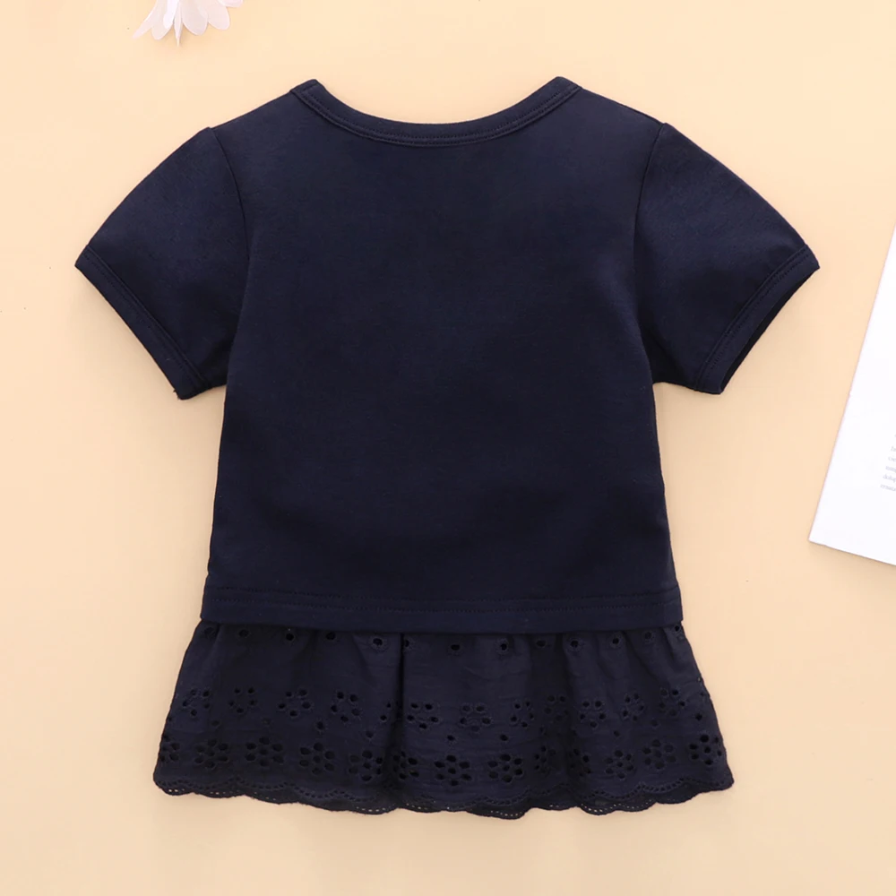 Toddler Girls Short Sleeved Eyelet Trim Top Kids Navy Flounce Hem T shirt Baby Girl Summer Tee