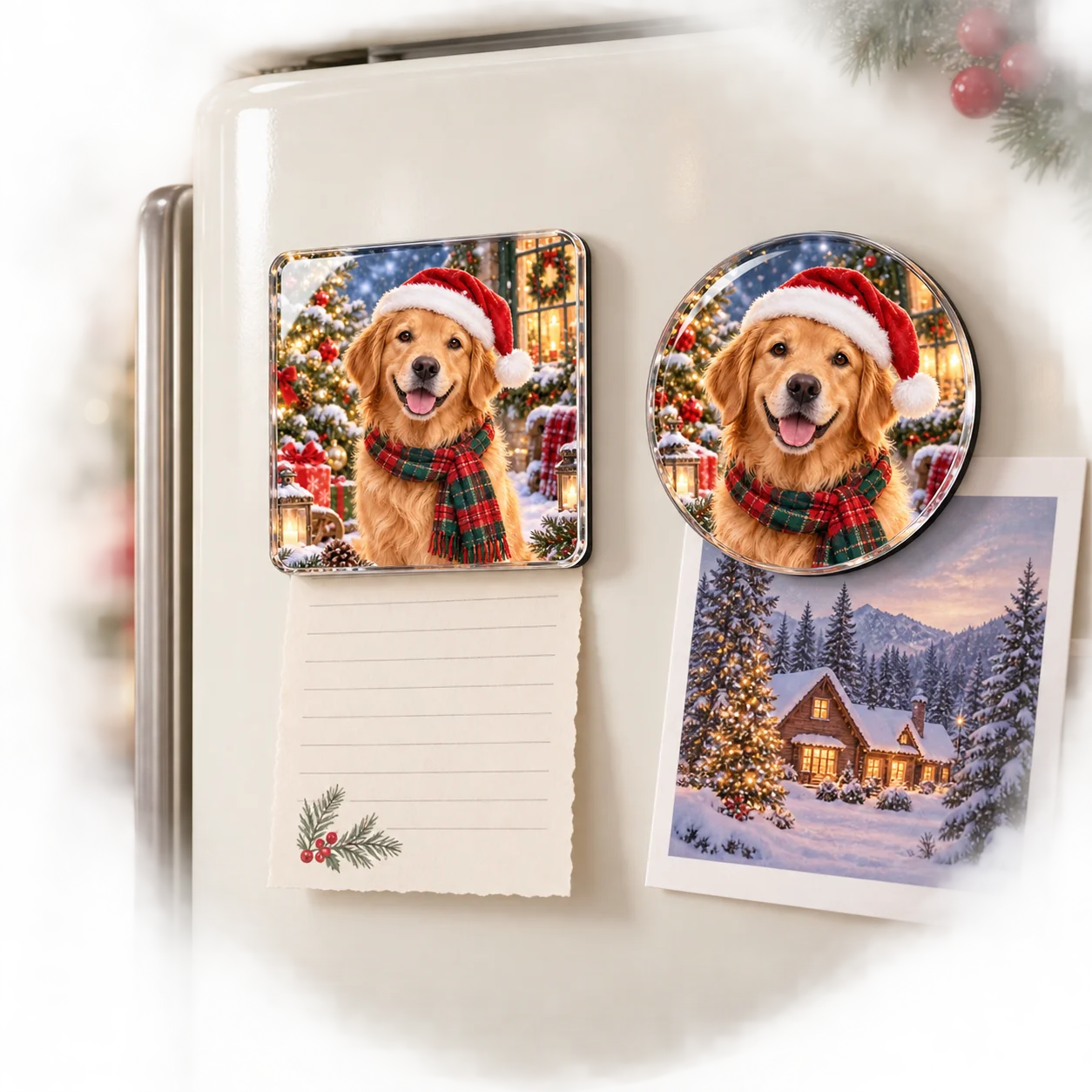 Christmas Dog Photo Refrigerator Magnet, Round or Square Pet Picture Fridge Decor