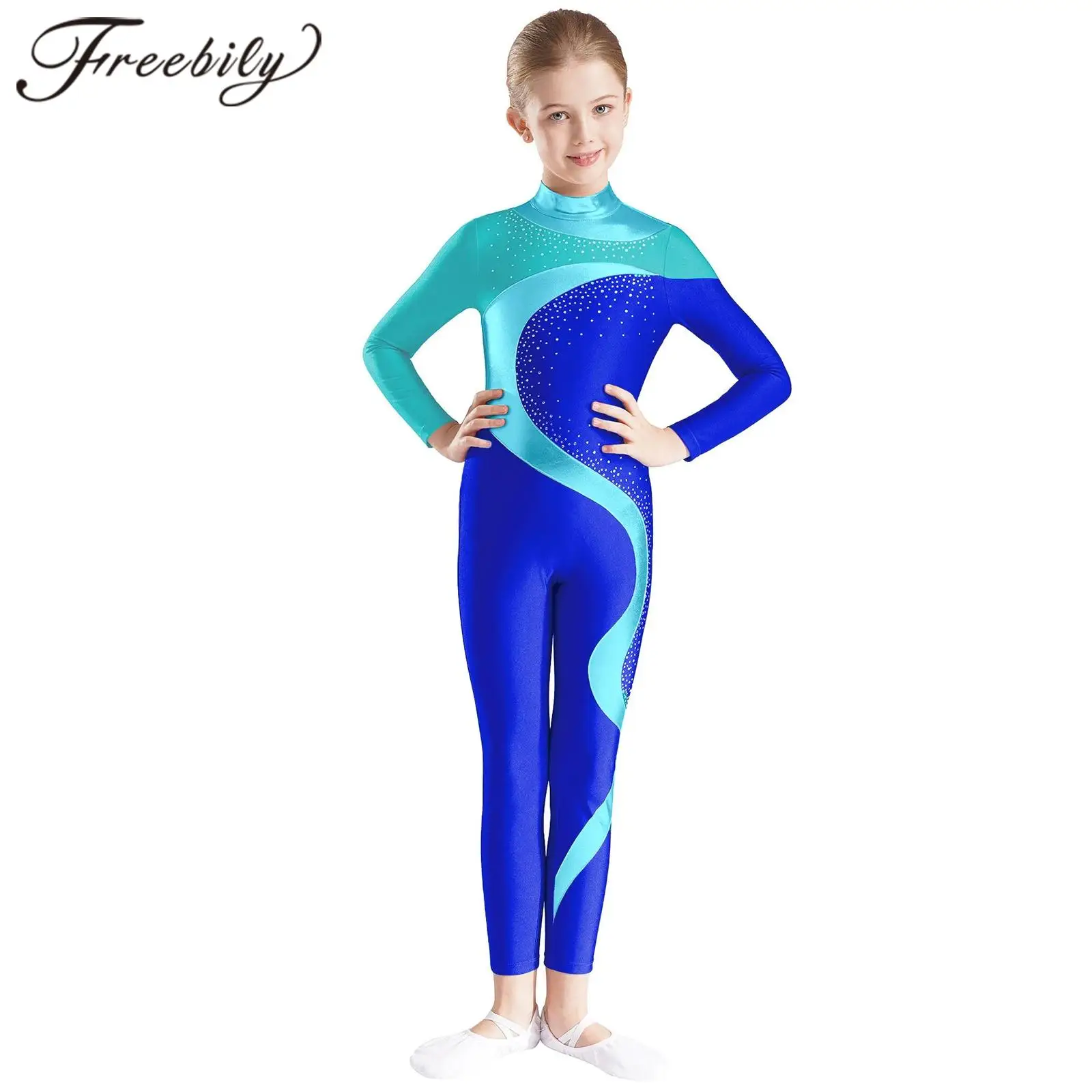 

Kids Girls Metallic Patchwork Dance Jumpsuit Long Sleeve Keyhole Back Rhythmic Gymnastics Bodysuit for Figure Skating Leotard