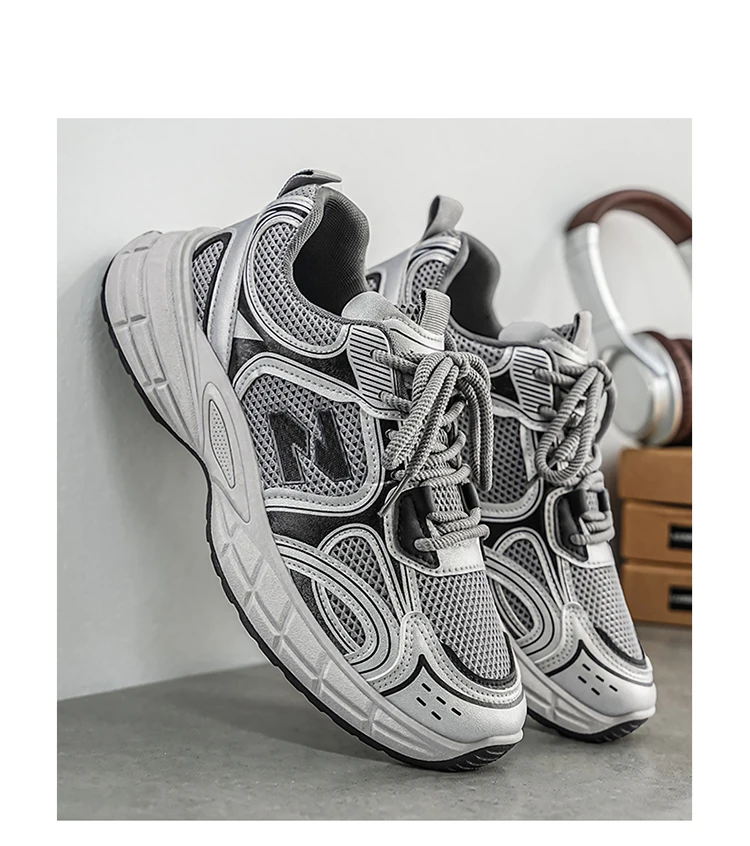 LOEIKAN Herren-Sneaker mit Patchwork-Mesh, lässige Turnschuhe mit klobiger, dicker Sohle, zum Schnüren, Dad-Schuhe, vielseitiges Schuhwerk für den täglichen Pendelverkehr – Detail 11