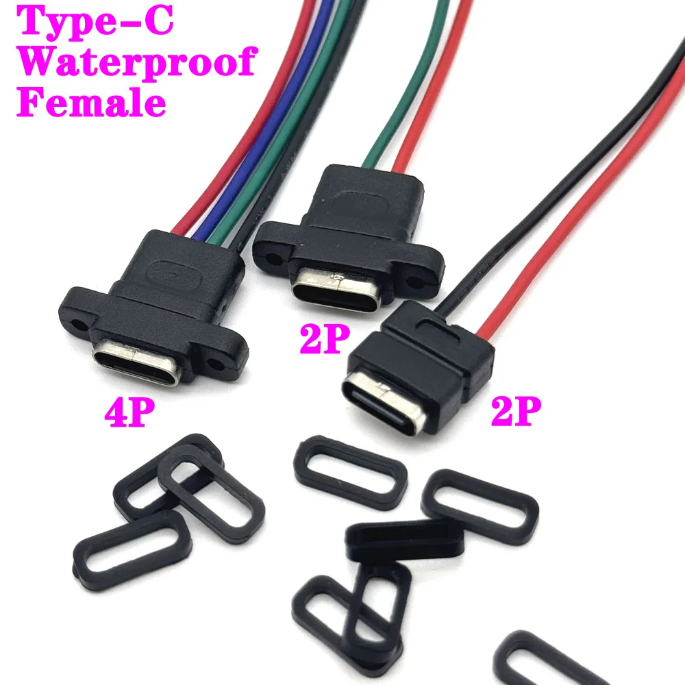 Type-C Waterproof Female USB-C Socket Port With Screw Hole Fast Charge Charging Interface USB Connector 2Pin With Cable