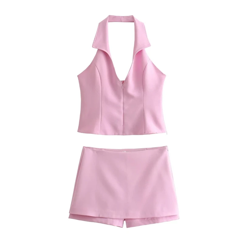 2024 Women\'s Set New Fashion Halterneck Slim Chic Women Suspenders Summer Ladies Mini Hakama Skirts Casual Women\'s Set