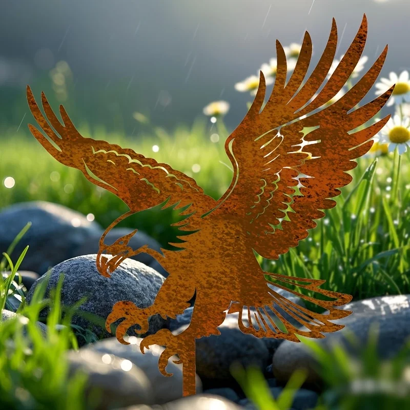 1pc Rusty Metal Eagle Garden Stake Iron Outdoor Decor for Lawn Tree Stump Balcony Landscape Yard Art Sculpture