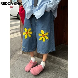 ReddaChic Retro Blue Bloom Denim Shorts Men Skater Oversize Wide Leg Casual Pants Baggy Jeans Jorts Y2k Hiphop Korean Streetwear