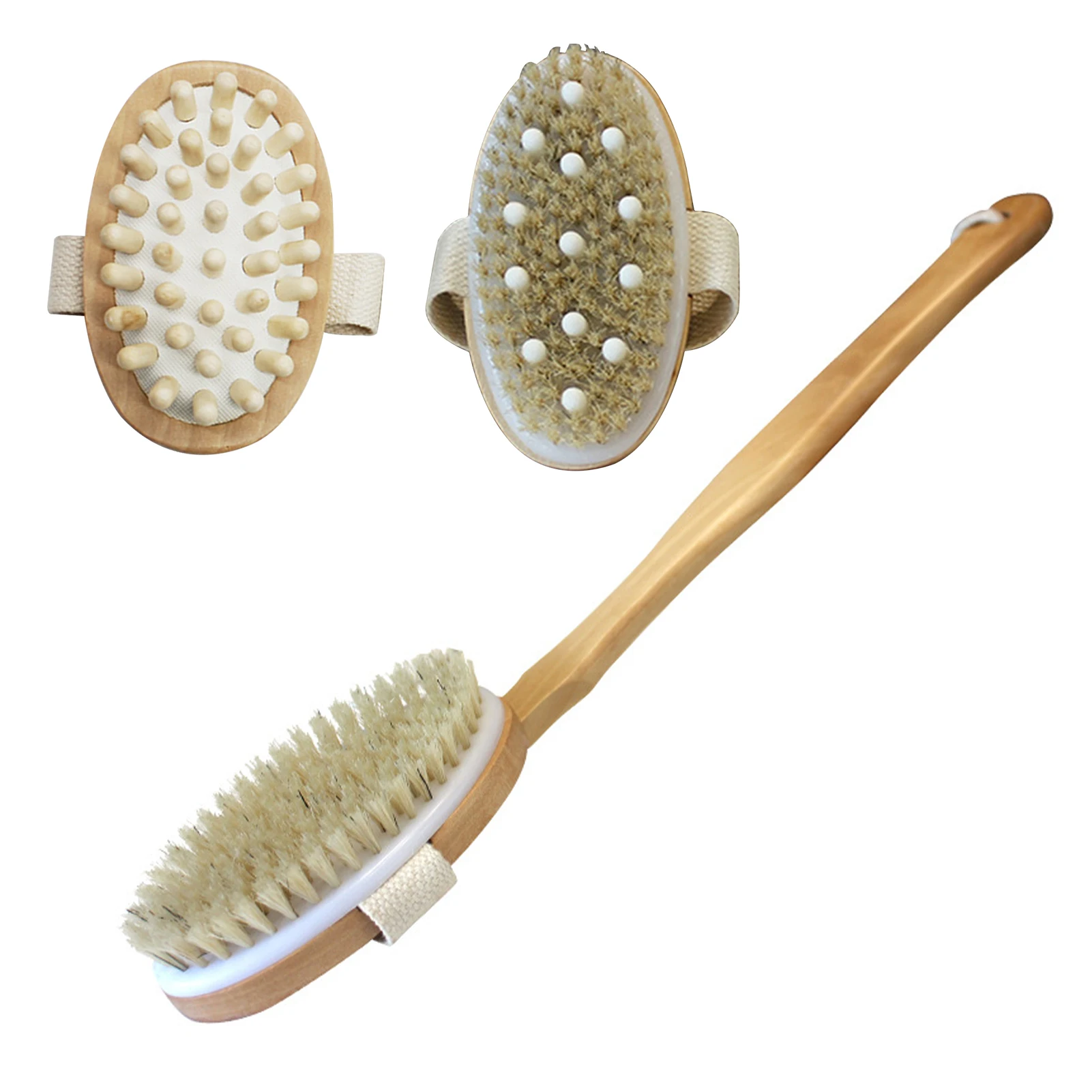 3pcs Natural Bristle Scrubbing Face Cellulite Stimulates Blood Circulation Back Long Handle Body Brush Set Spa Skin Exfoliating