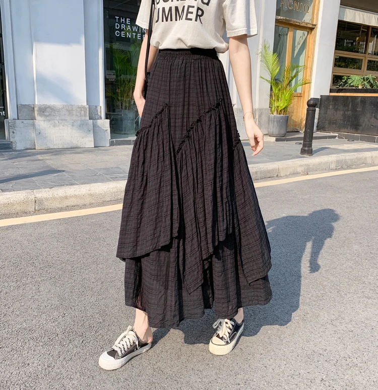 2024 Summer Retro Plaid Long Women New High Waist Slim Casual Simple Contrast Color Irregular Big Swing Skirt Free Shipping