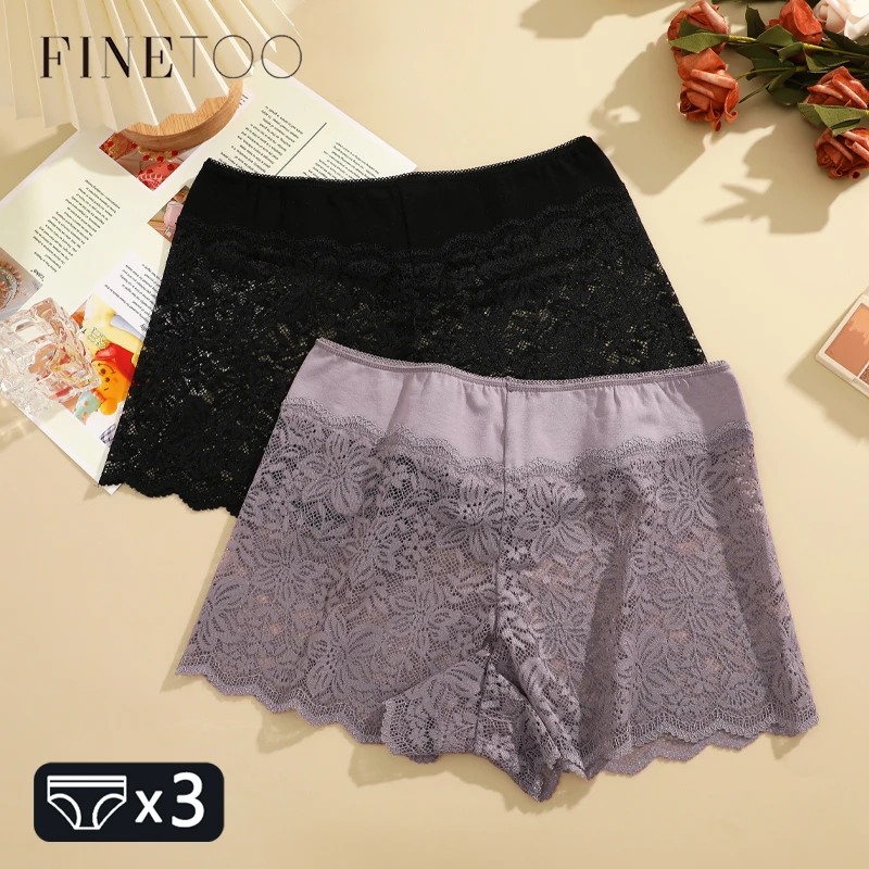 

FINETOO 3Pcs Lace Floral Underwear Women's Hollow Out Boyshort Panties Sexy Low Waist Breathable Briefs Girls Soft Lingerie S-XL