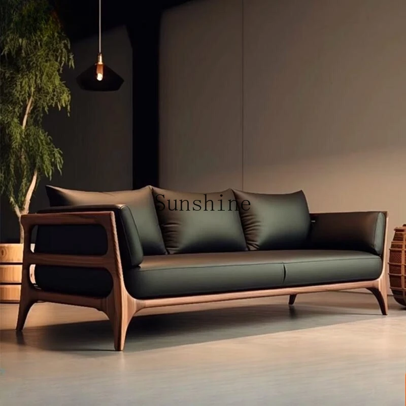 

High-end walnut small apartment living room solid wood leather three-person sofa