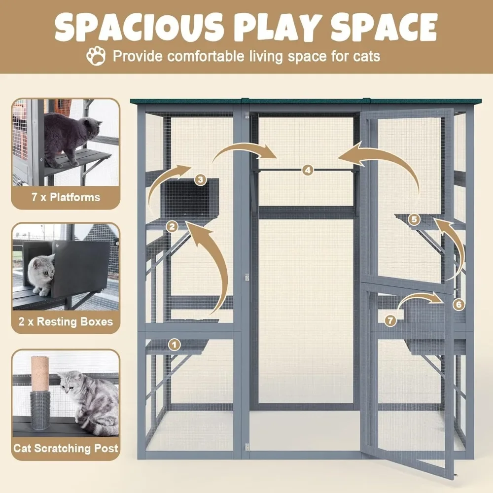 Large Walk-in Cat Cage - Outdoor/Indoor Catio for Multiple Cats with Waterproof Roof, 5 Platforms, 2 Resting Boxes