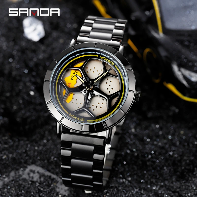 SANDA P1022 Luxury Car Men Watch Waterproof Quartz Man Wristwatch Wheel Rotating Reloj Creative Men\'s Watches Relogio Masculino