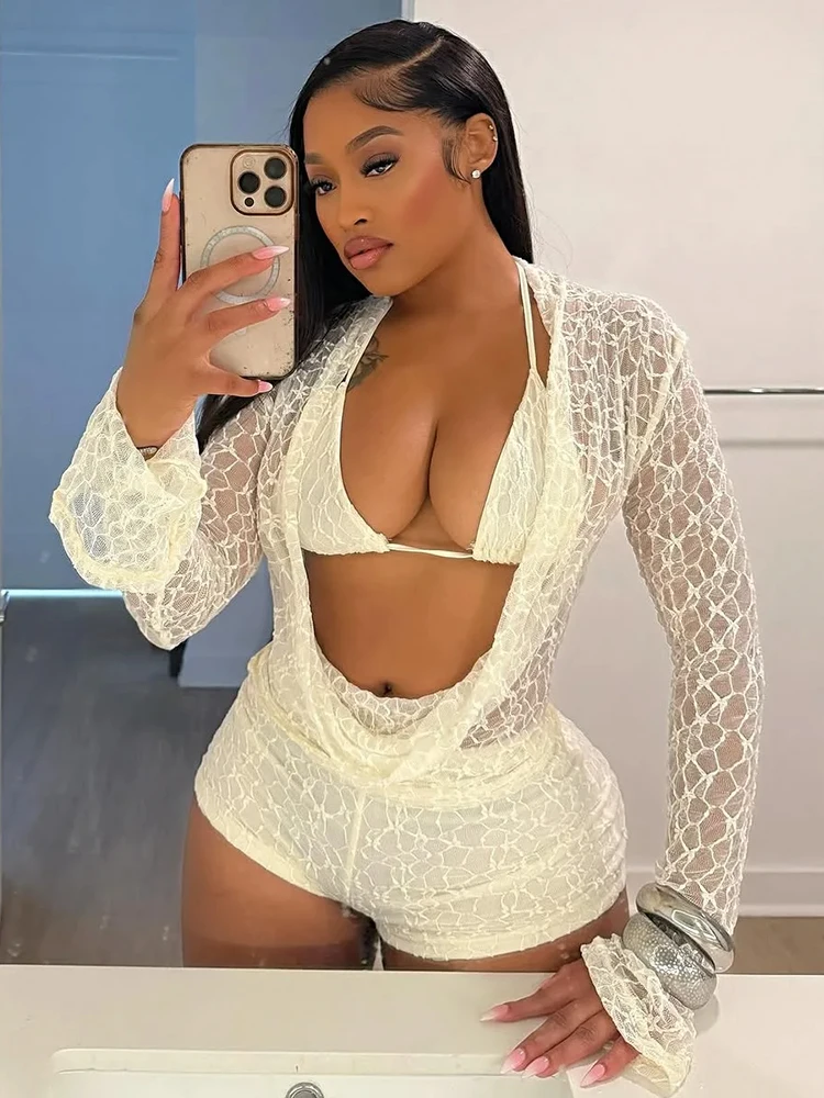 Puss estranho sexy ver através de 3 peças conjunto feminino sutiã halter + gola oscilante manga alargada camisetas + shorts magros moda elegante conjunto