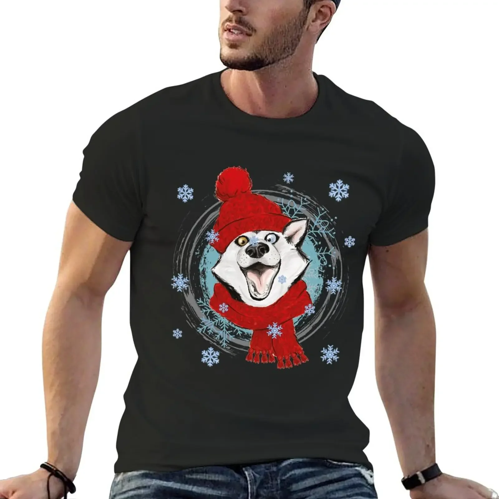 Happy winter husky in warm hat and scarf. T-Shirt animal prinfor boys boys whites plus sizes designer t shirt men