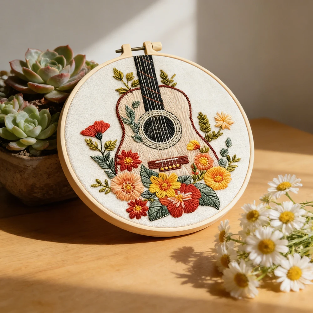 Kit de bordado DIY, lienzo impreso para guitarra, Kits de punto de cruz, Kit de inicio de flores para principiantes, patrón estampado, regalo de decoración del hogar
