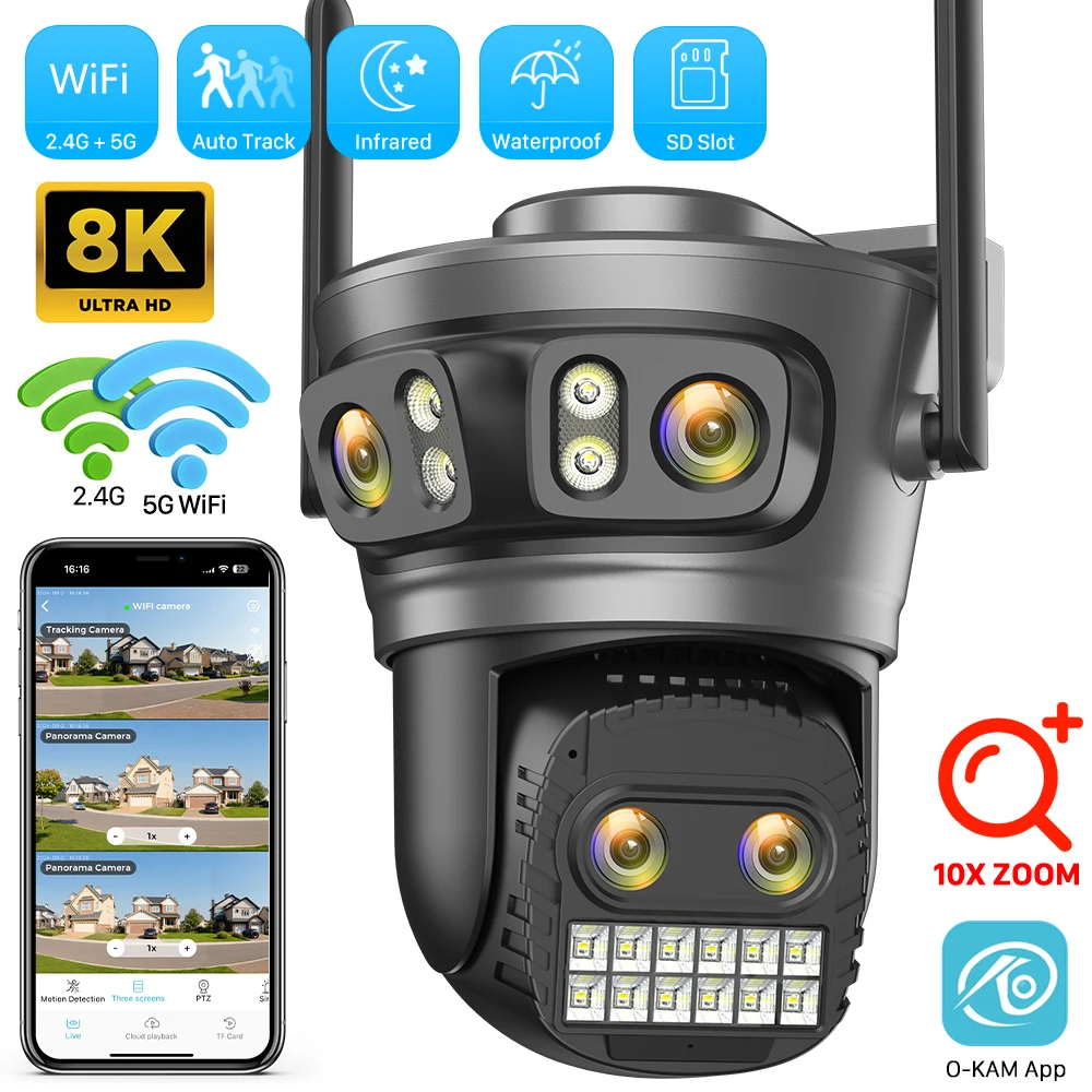 야외 보안 보호 CCTV 비디오 감시 카메라, 듀얼 렌즈, HD 와이파이, 10MP, 20MP, 4 개 렌즈, 3 화면 자동 추적 