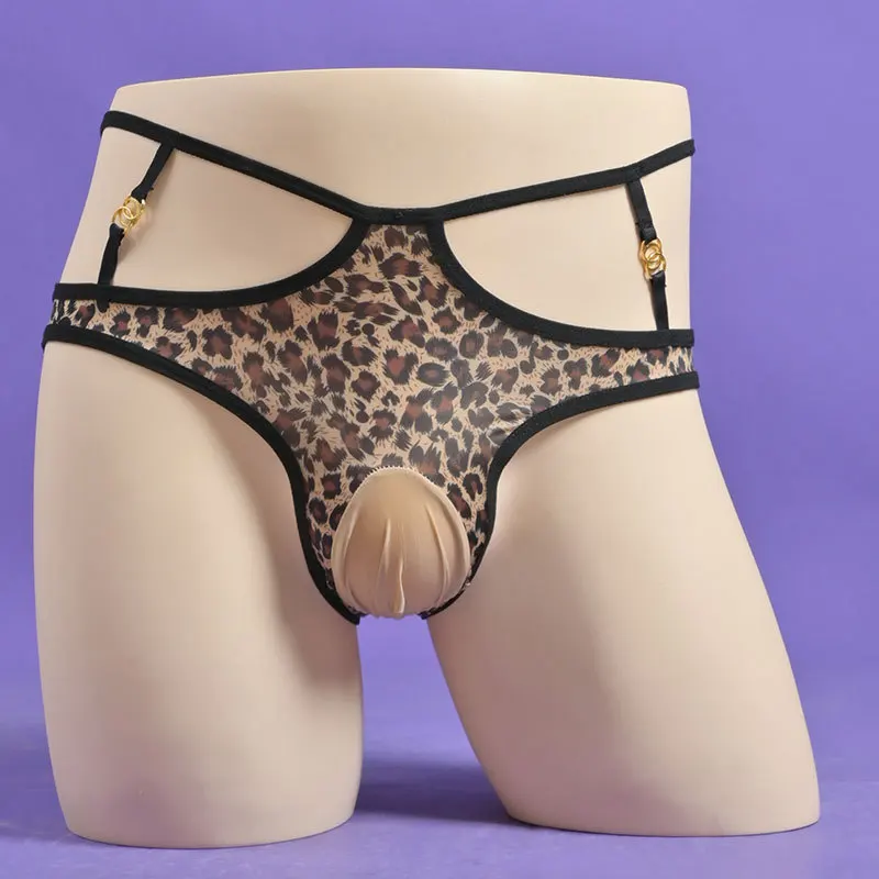 حجم كبير سيسي الحقيبة الملابس الداخلية سراويل الرجال ليوبارد جوفاء ملخصات منتصف الخصر مثلي الجنس Underpant مفتوحة مغلقة القضيب غمد Underpant