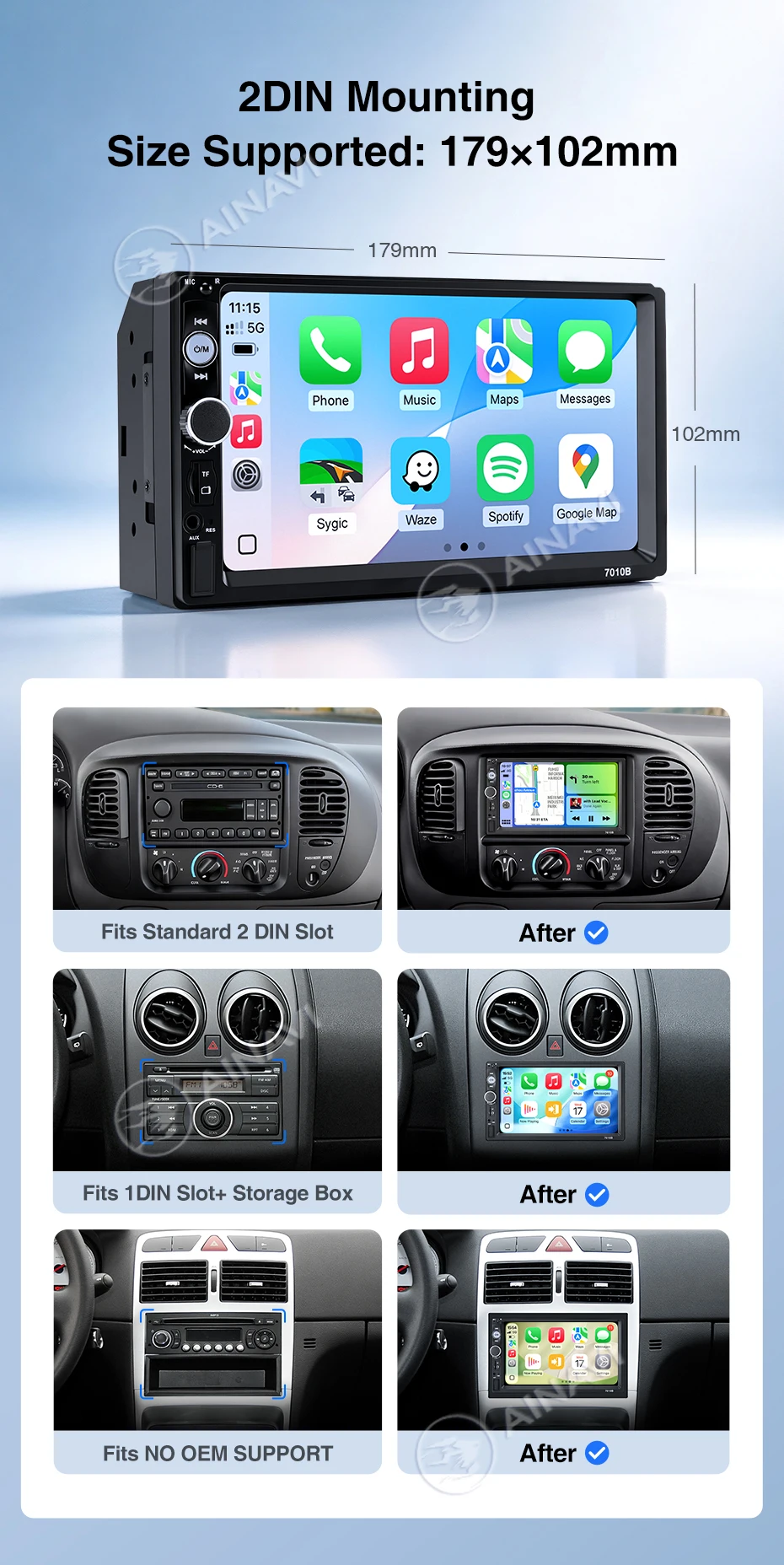 AINAVI Universal 2 Din Autoradio Carplay Wireless Android Auto HD 1280*720 IPS Touchscreen Typ-C USB Auto-Multimedia MP5 2DIN – Detail 15