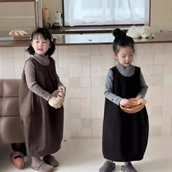 Children Clothing Kids Fashion Simple Lantern Dress 2024 Autumn and Winter New Girls Korean Style Loose All Match Vest Dress