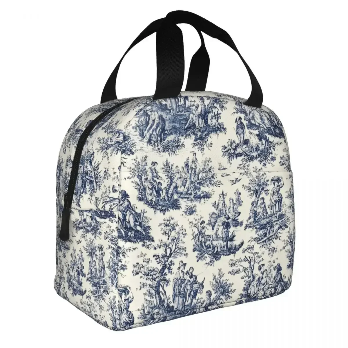 NOMADES Artsy Navy White Insulated Lunch Bags Thermal Bag Reusable Toile De Jouy Portable Tote Lunch Box Girl Boy School Picnic