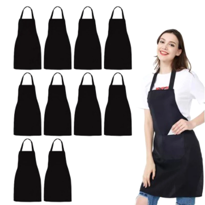 10 Pack Bib Apron - Unisex Black Apron Bulk With 2 Roomy Pockets Machine Washable For Kitchen Crafting Bbq Drawing