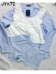 Sweet Blue Striped Blouse Shorts Sets Women New Loose Buttons Drawstring Straight Short Pants Casual Vintage 2 Piece Set Outfit