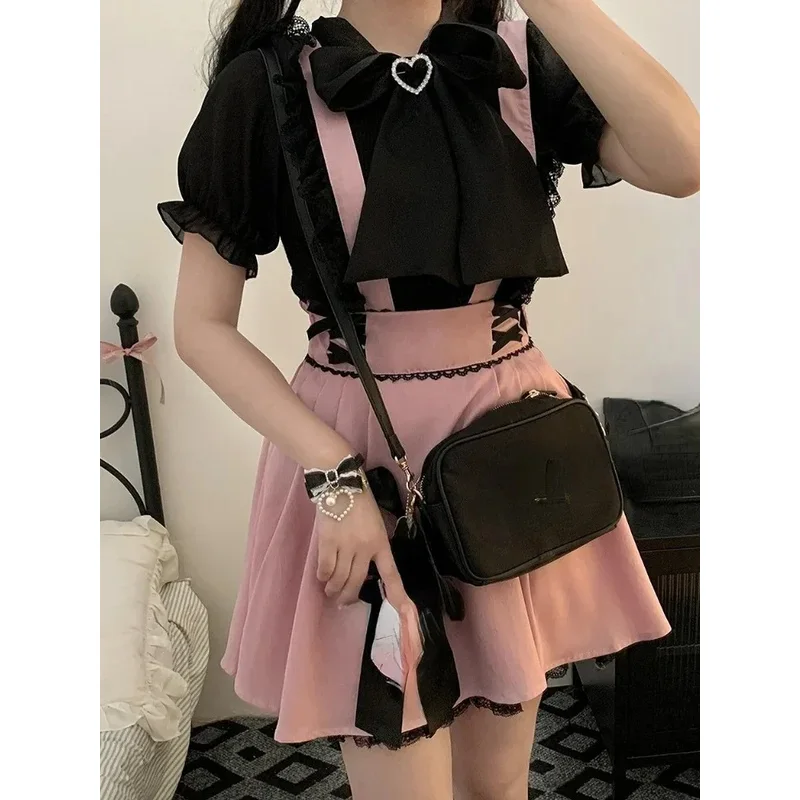 2024 صيف جديد اليابانية لطيف لوليتا الدانتيل قصيرة الحمالات التنانير Kawaii مطوي البسيطة حبال تنورة فستان Vestidos De Mujer