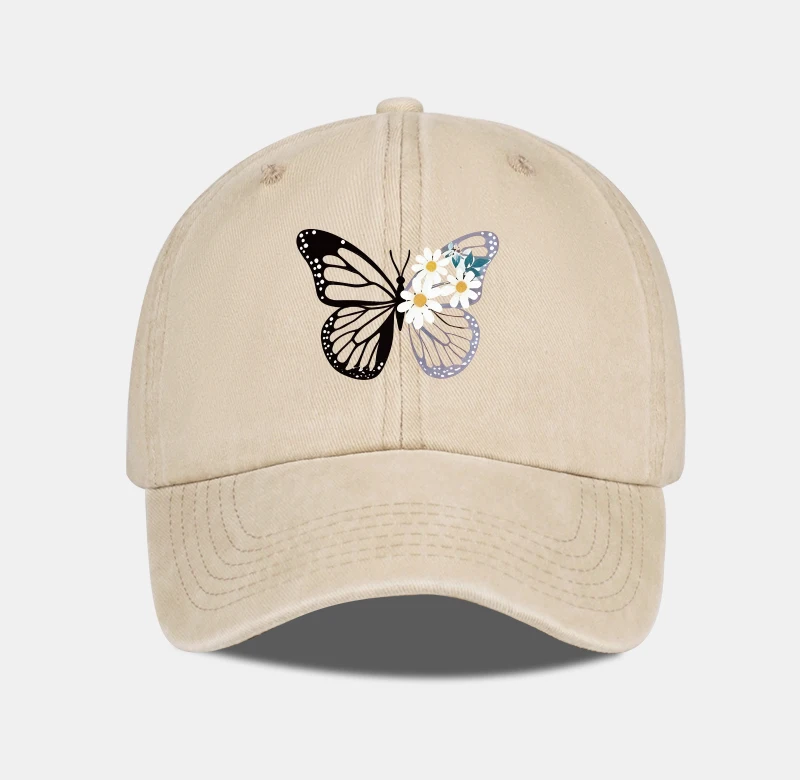 Gewaschene Baseballkappe mit Schmetterlings- und Gänseblümchen-Print – verstellbarer Unisex-Retro-Sonnenhut mit Blumenmuster, perfekt für Camping und Urlaub – Detail 7