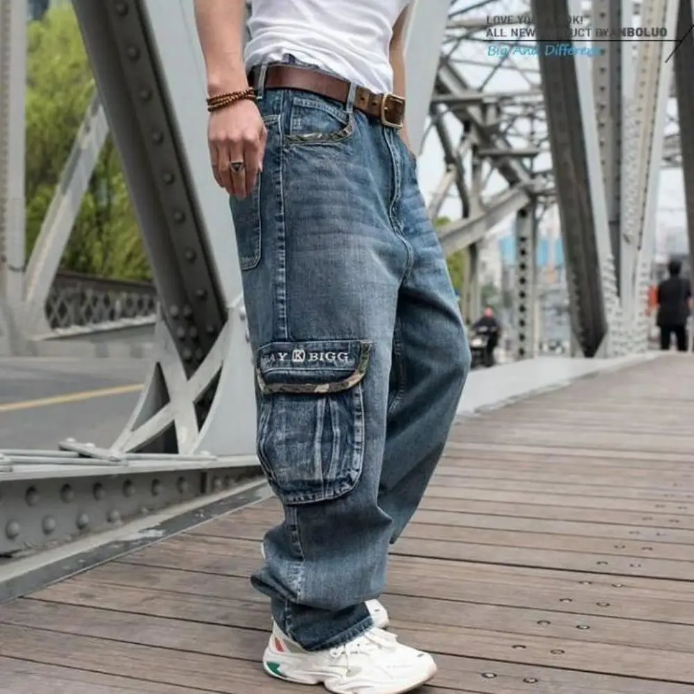 Men Jeans Fashion Blue Baggy Multi Pockets Hip Hop  Designer Skateboard Loose Large Size Printed Streetwear Harajuku