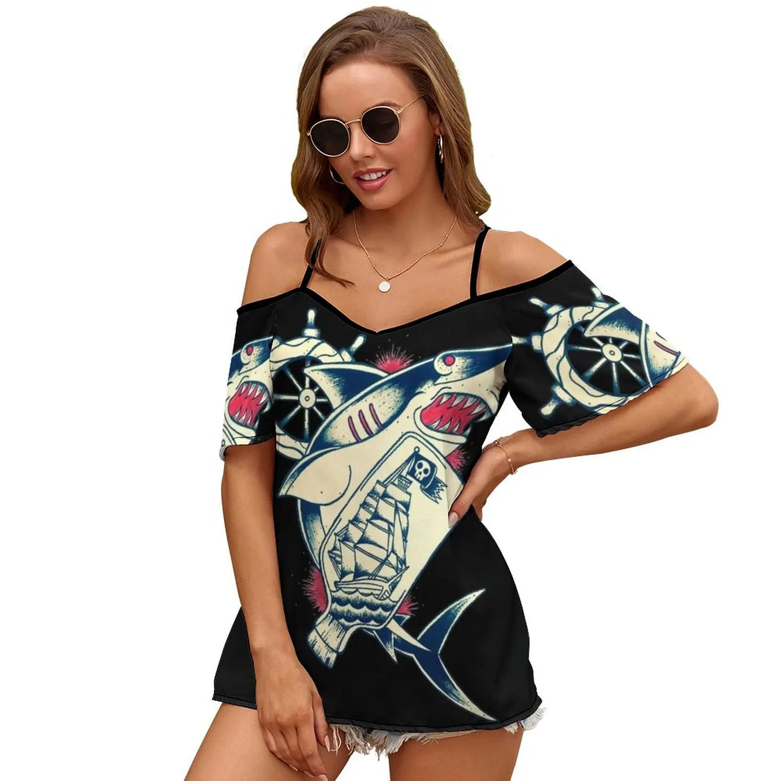 Watery Grave Women Short Sleeve Tops O-Neck Hollow Out Shoulder Strap Tees Streetwear Shark Ship Pirate Tattoo Tattooart Flash